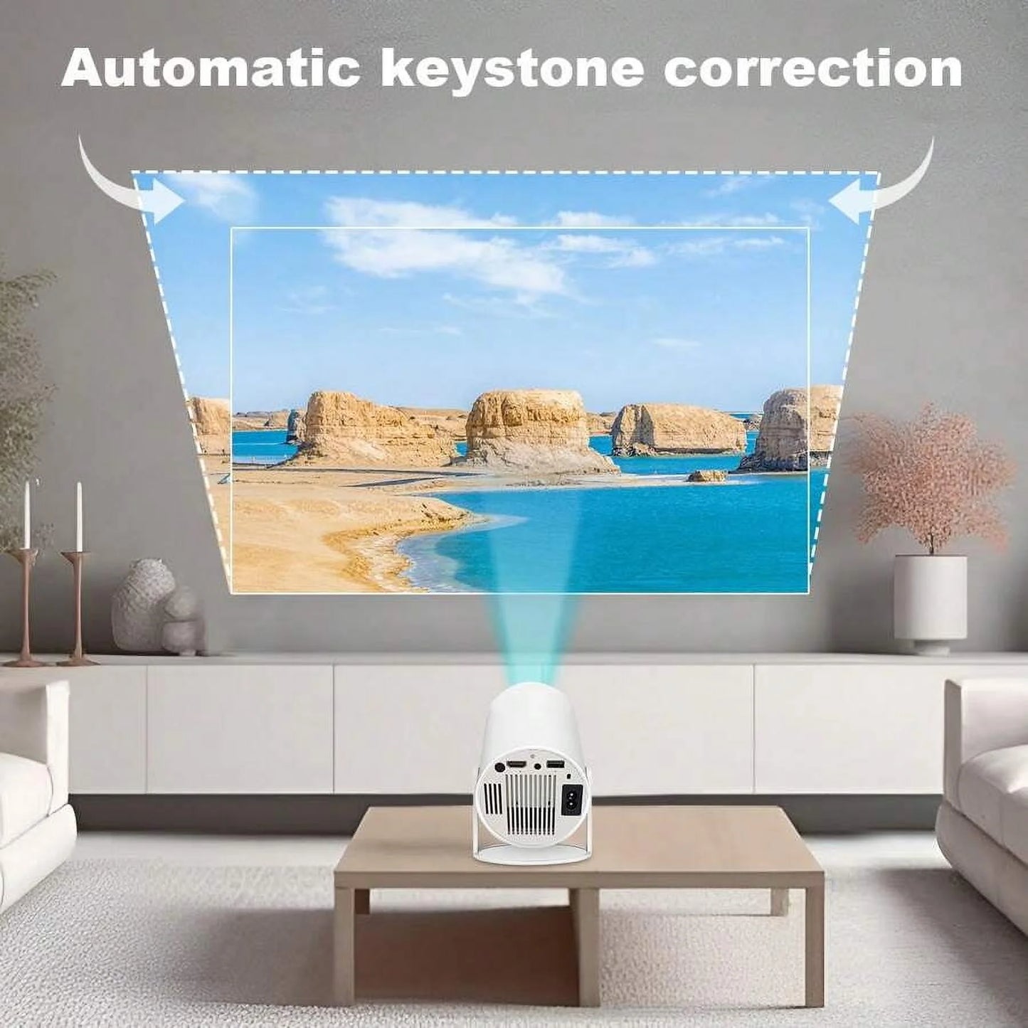 BDQ HY300PRO/HY300 Auto Keystone Mini Portable Projector, 4K Support Smart Projector with Wifi 6 BT Air Remote, Screen Adjustment, 80 Degree Rotation, Home Video Projector Built-In Android .0 OS
