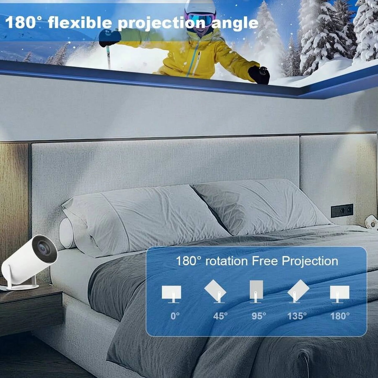 BDQ HY300PRO/HY300 Auto Keystone Mini Portable Projector, 4K Support Smart Projector with Wifi 6 BT Air Remote, Screen Adjustment, 80 Degree Rotation, Home Video Projector Built-In Android .0 OS