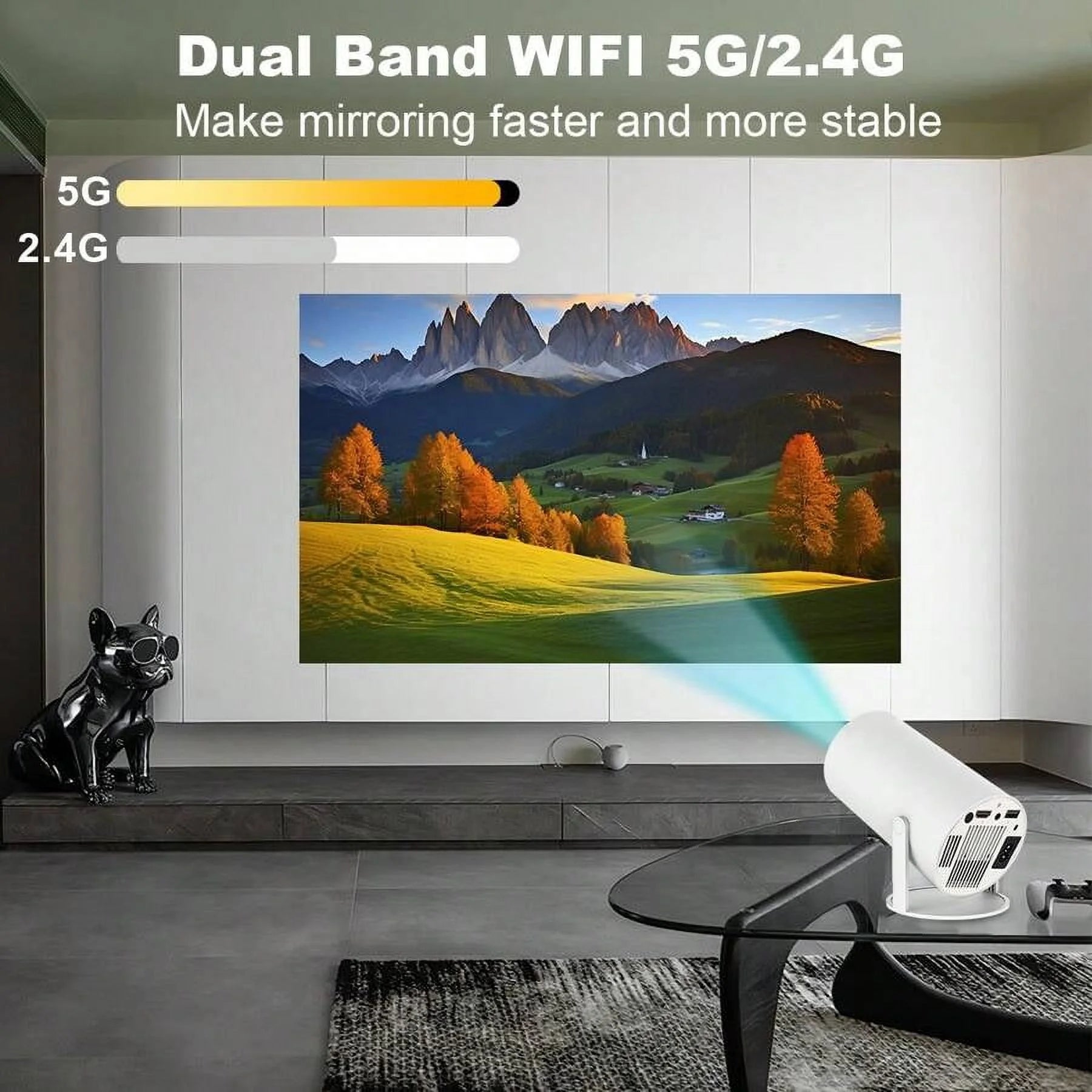 BDQ HY300PRO/HY300 Auto Keystone Mini Portable Projector, 4K Support Smart Projector with Wifi 6 BT Air Remote, Screen Adjustment, 80 Degree Rotation, Home Video Projector Built-In Android .0 OS